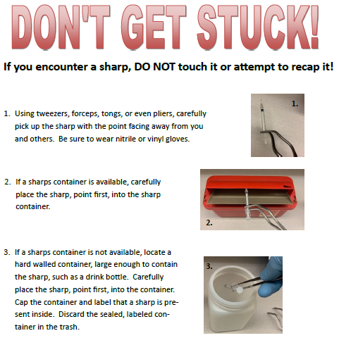 Procedure for handling improperly discarded sharp to prevent getting a needle stick